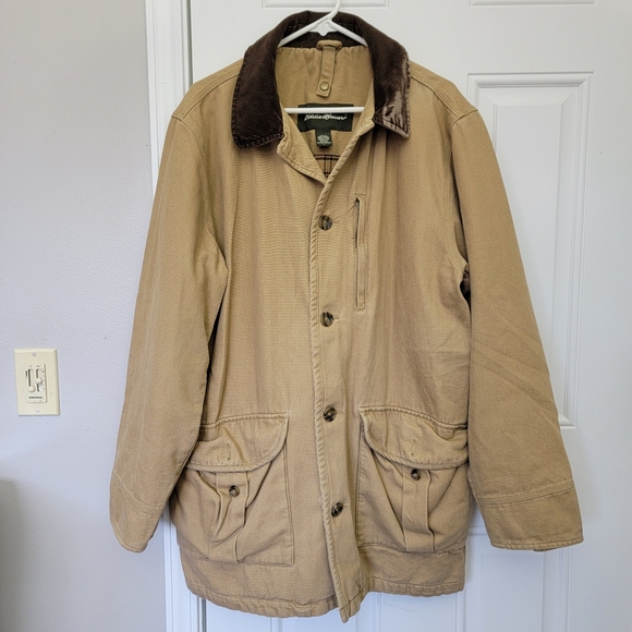 Eddie Bauer Canvas Flannel Lined Barn Coat Chore Jacket Tan Size Mens Large - Picture 1 of 12